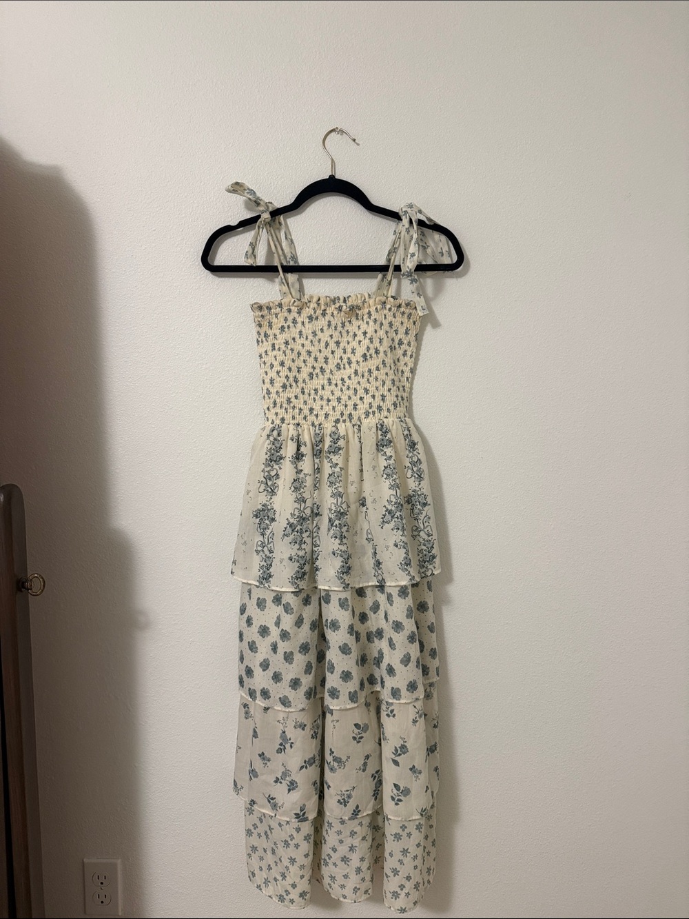 Crystal Doll Cream & Blue Floral Smocked Tiered Maxi Dress